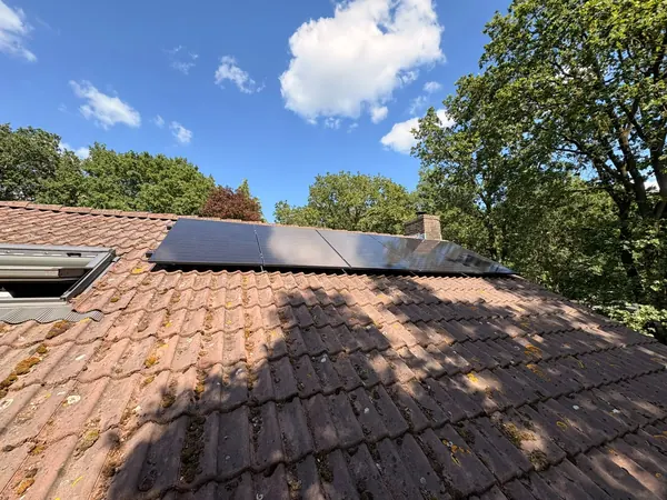 Rij zwarte zonnepanelen op een pannendak naast een dakraam, met bomen op de achtergrond